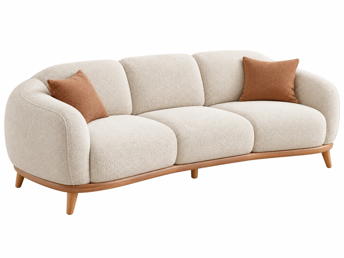 Driezitsbank 230 x 95 x 78 cm - crème bouclé stof met houten onderstel - afgeronde moderne zitbank
