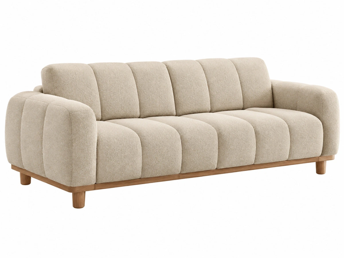 3-zitsbank 220 cm bouclé stof beige houten poten moderne woonkamerbank