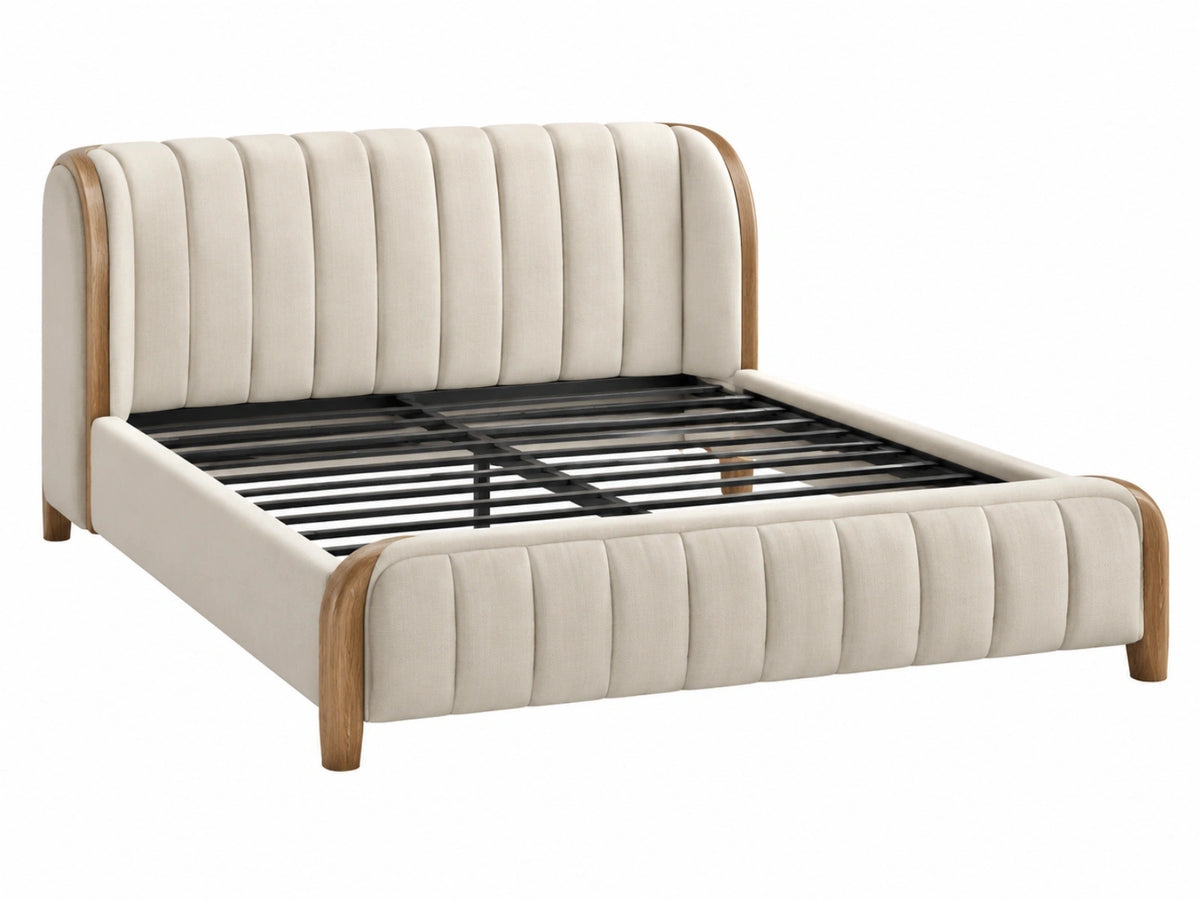 Gestoffeerd bedframe 160 x 200 cm crème met houten accenten - modern bed met metalen lattenbodem