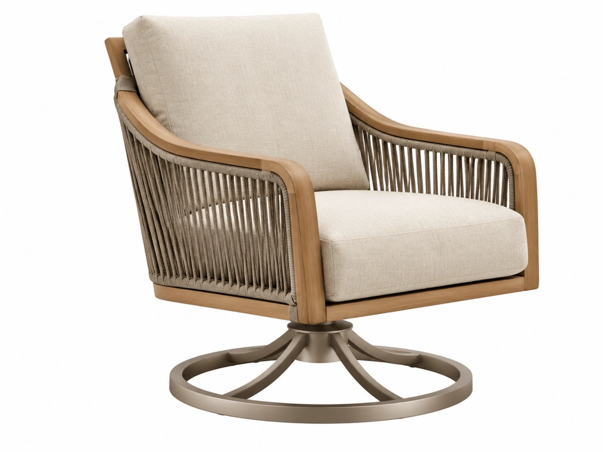 Draaifauteuil 82 x 77 x 90 cm met houten frame beige stoffen bekleding en gevlochten touw