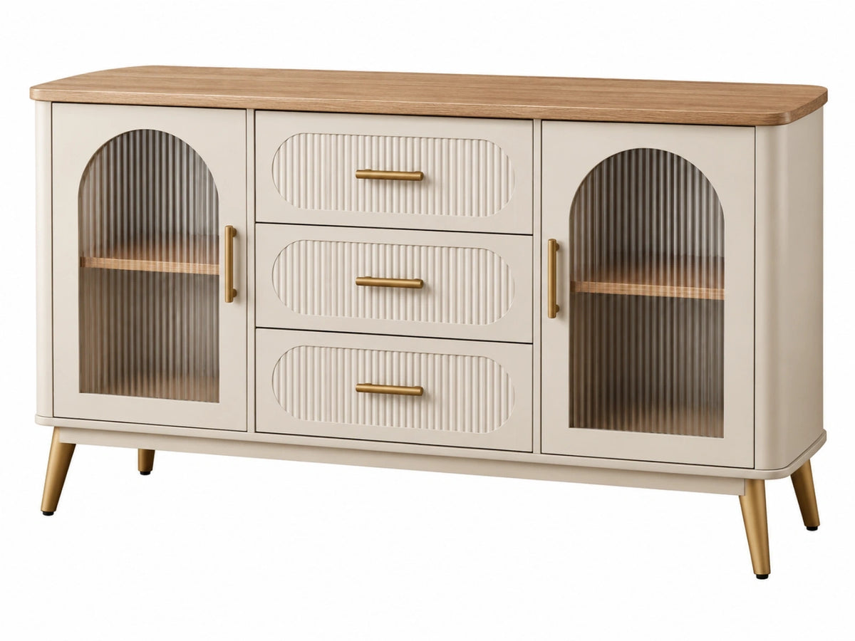 Dressoir 160 cm crème houtmateriaal met glazen deuren retro opbergruimte